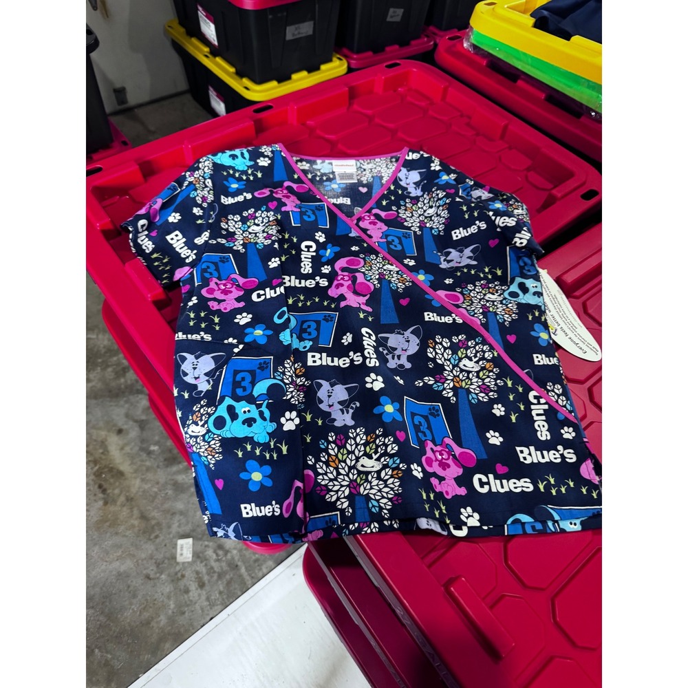 Cherokee Tooniforms Blues Clues Mock Wrap Scrub Top Navy Pink Blue Magenta NWT